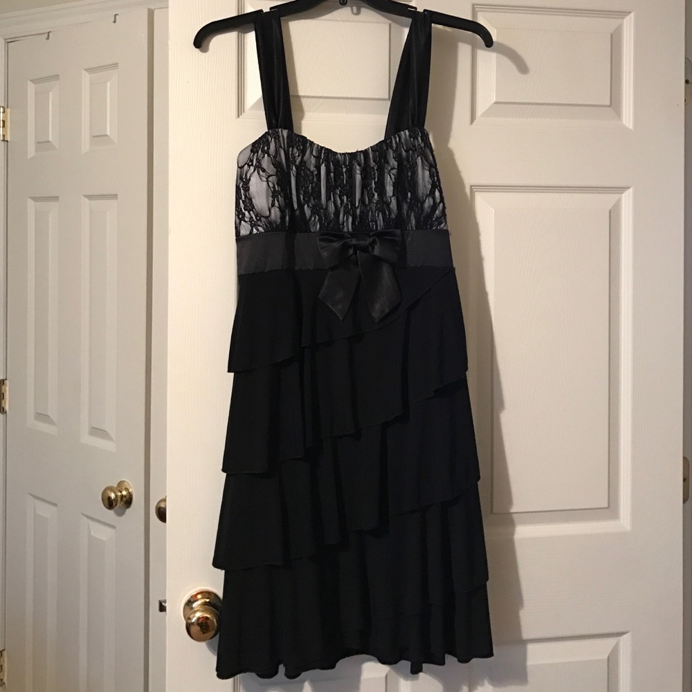Black Ruffle Layered Dress with Lace Bodice 2X